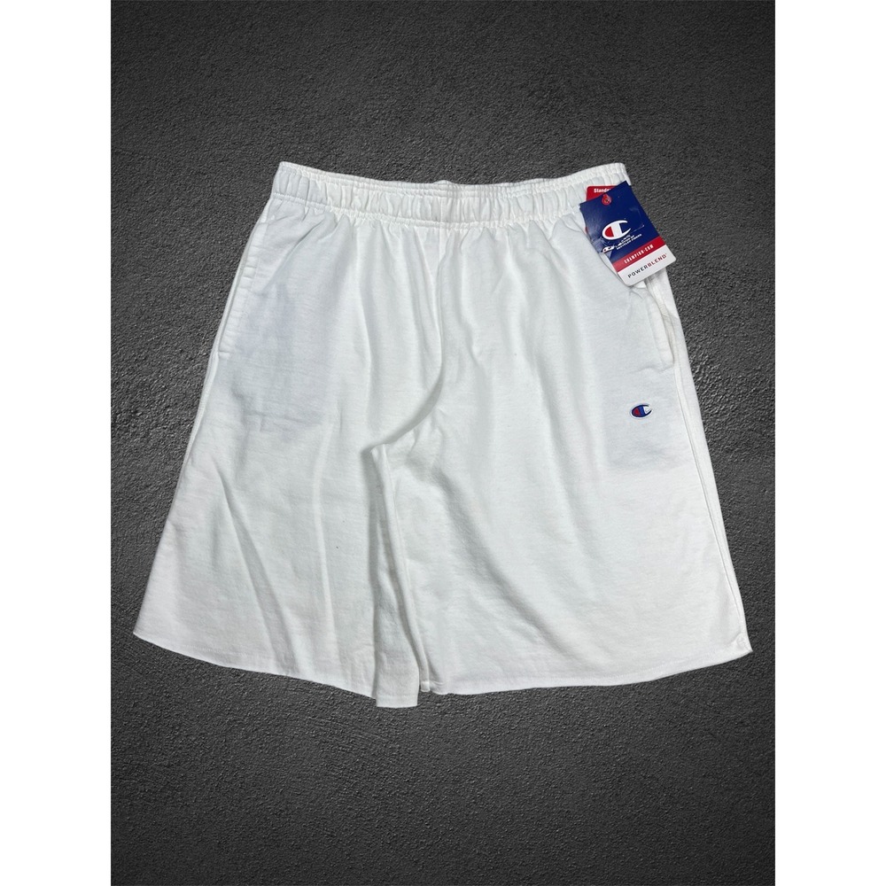 Champion Powerblend Mens White Fleece Shorts Logo 84738 045 Size L NWT